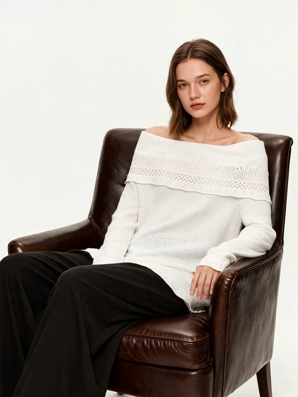 LK-129 Wool Knit Sweater — openwork, lace-trimmed, slash neck, loose fit view 3