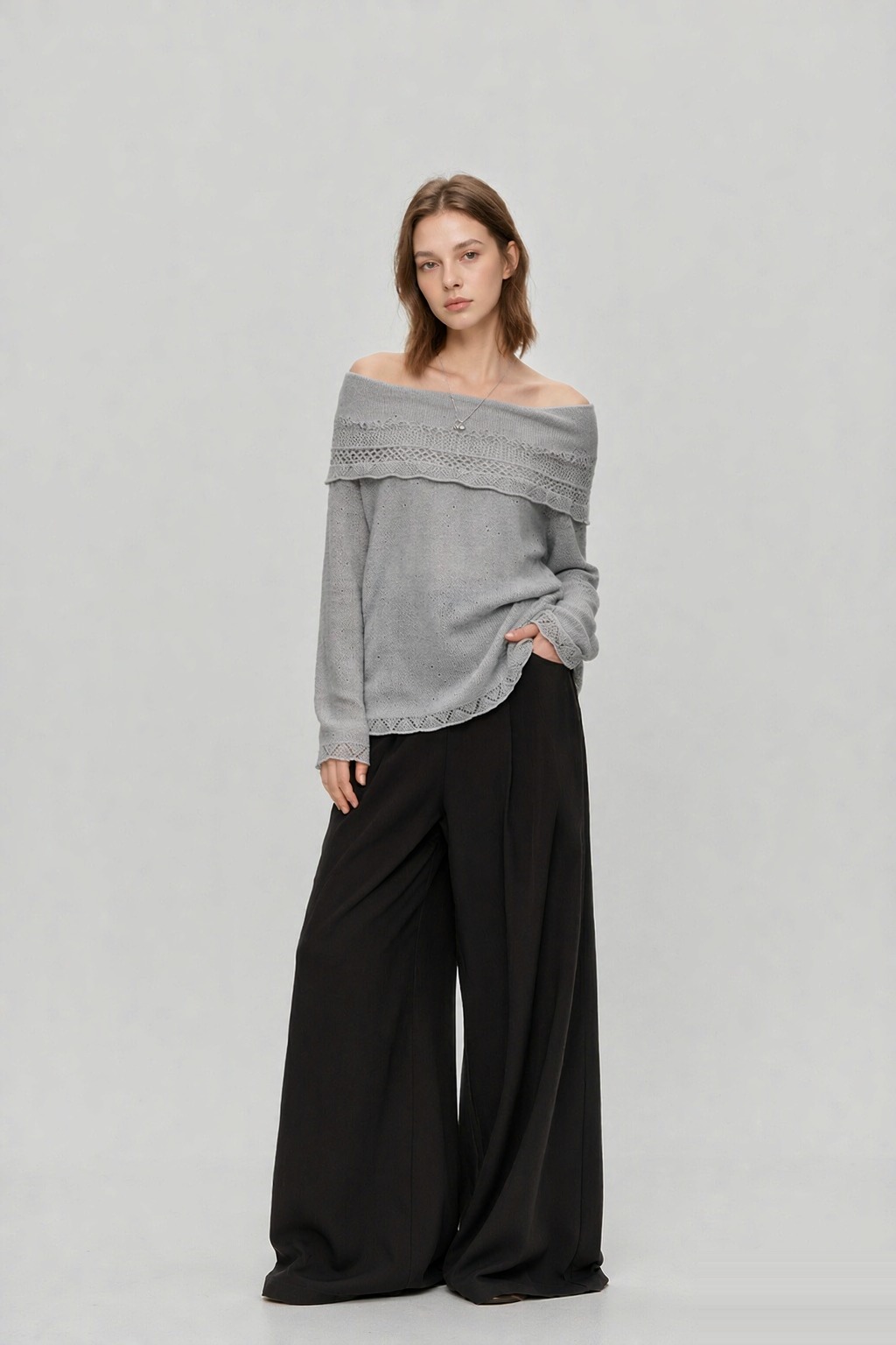 LK-129 Wool Knit Sweater — openwork, lace-trimmed, slash neck, loose fit
