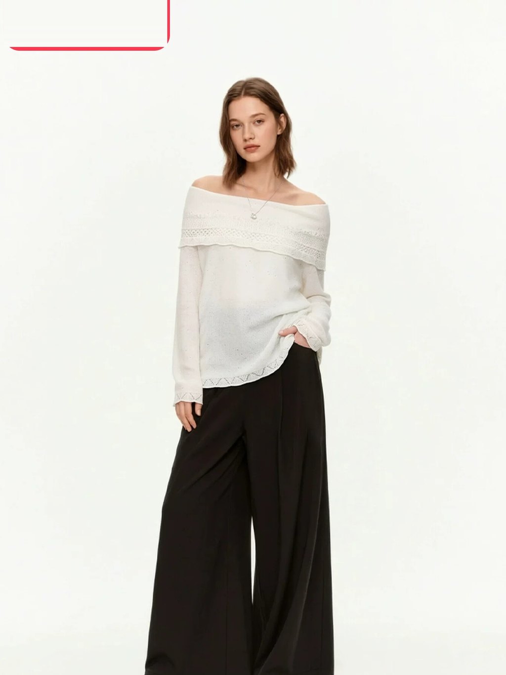 LK-129 Wool Knit Sweater — openwork, lace-trimmed, slash neck, loose fit