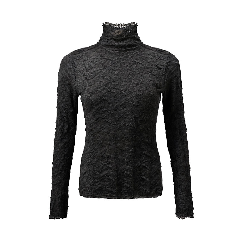 LK-130 Wool Knit Sweater — openwork, pleated, high collar, stacked collar view 2