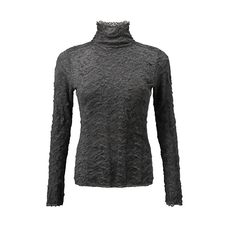 LK-130 Wool Knit Sweater — openwork, pleated, high collar, stacked collar view 3