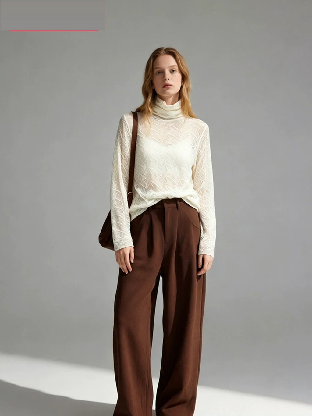 LK-130 Wool Knit Sweater — openwork, pleated, high collar, stacked collar detail