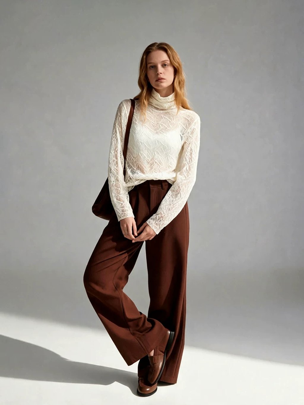 LK-130 Wool Knit Sweater — openwork, pleated, high collar, stacked collar view 3