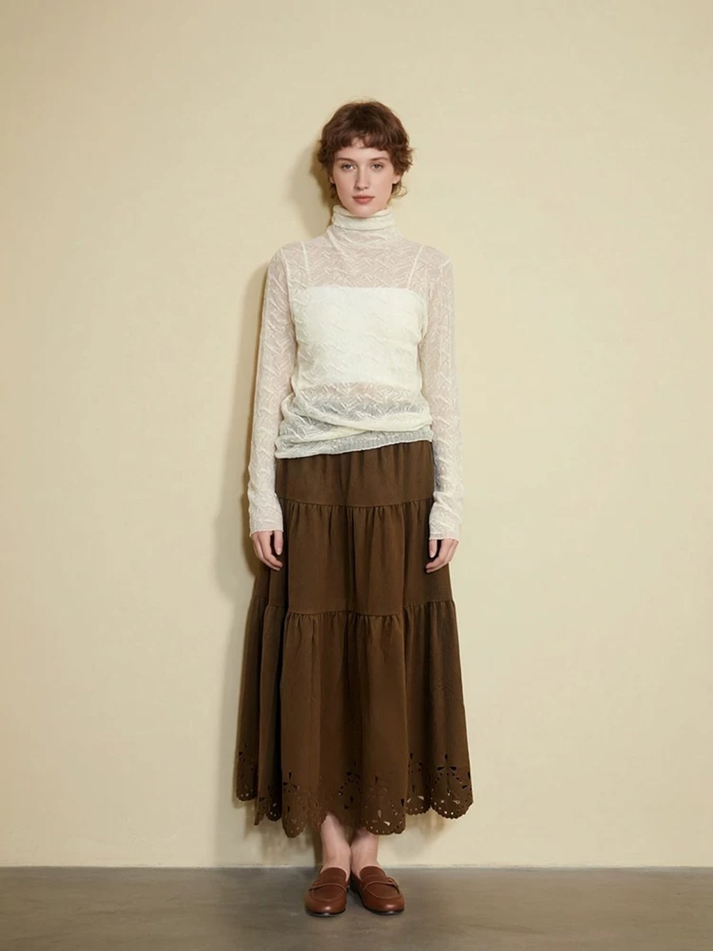LK-130 Wool Knit Sweater — openwork, pleated, high collar, stacked collar view 4