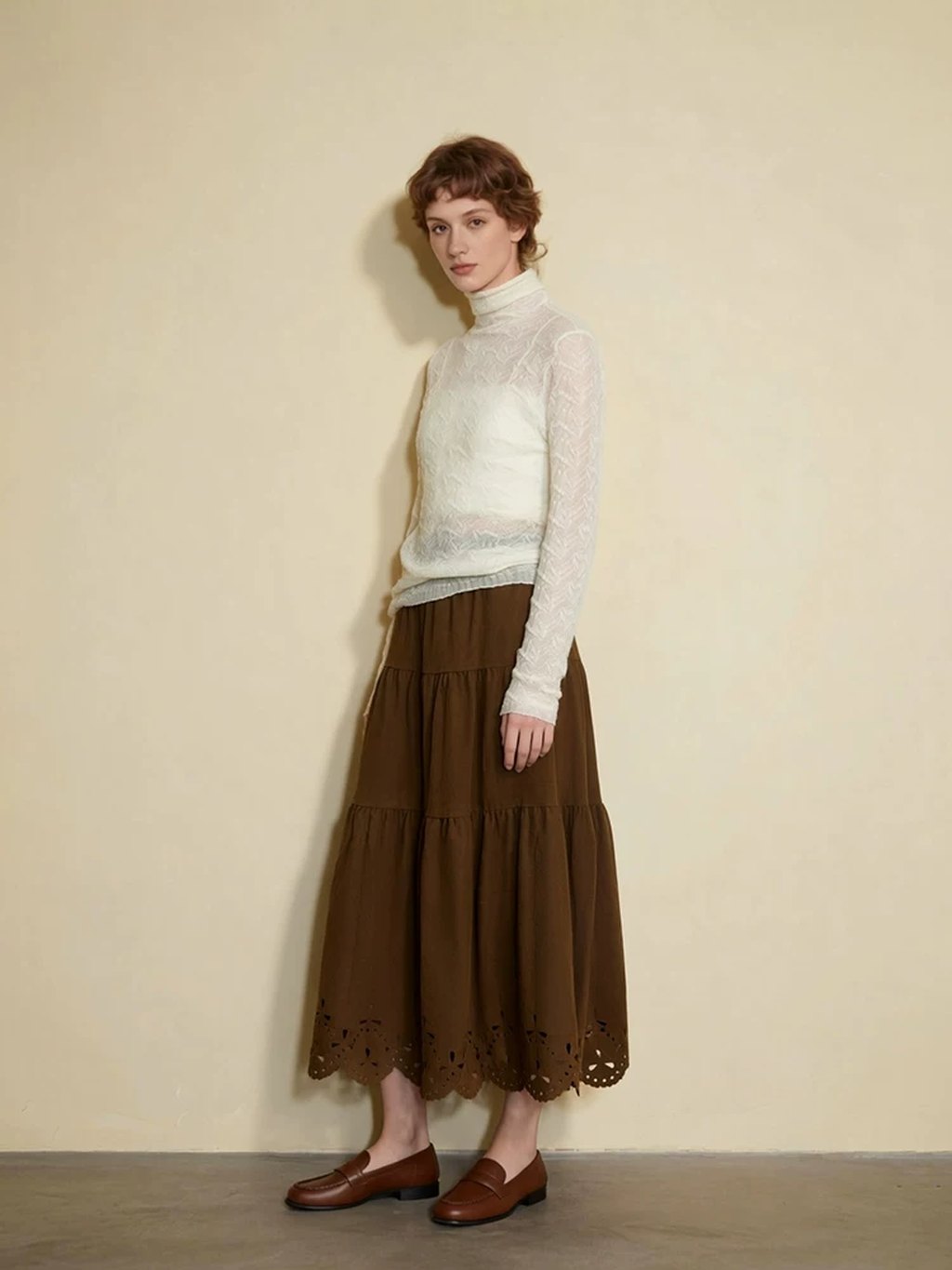 LK-130 Wool Knit Sweater — openwork, pleated, high collar, stacked collar view 5