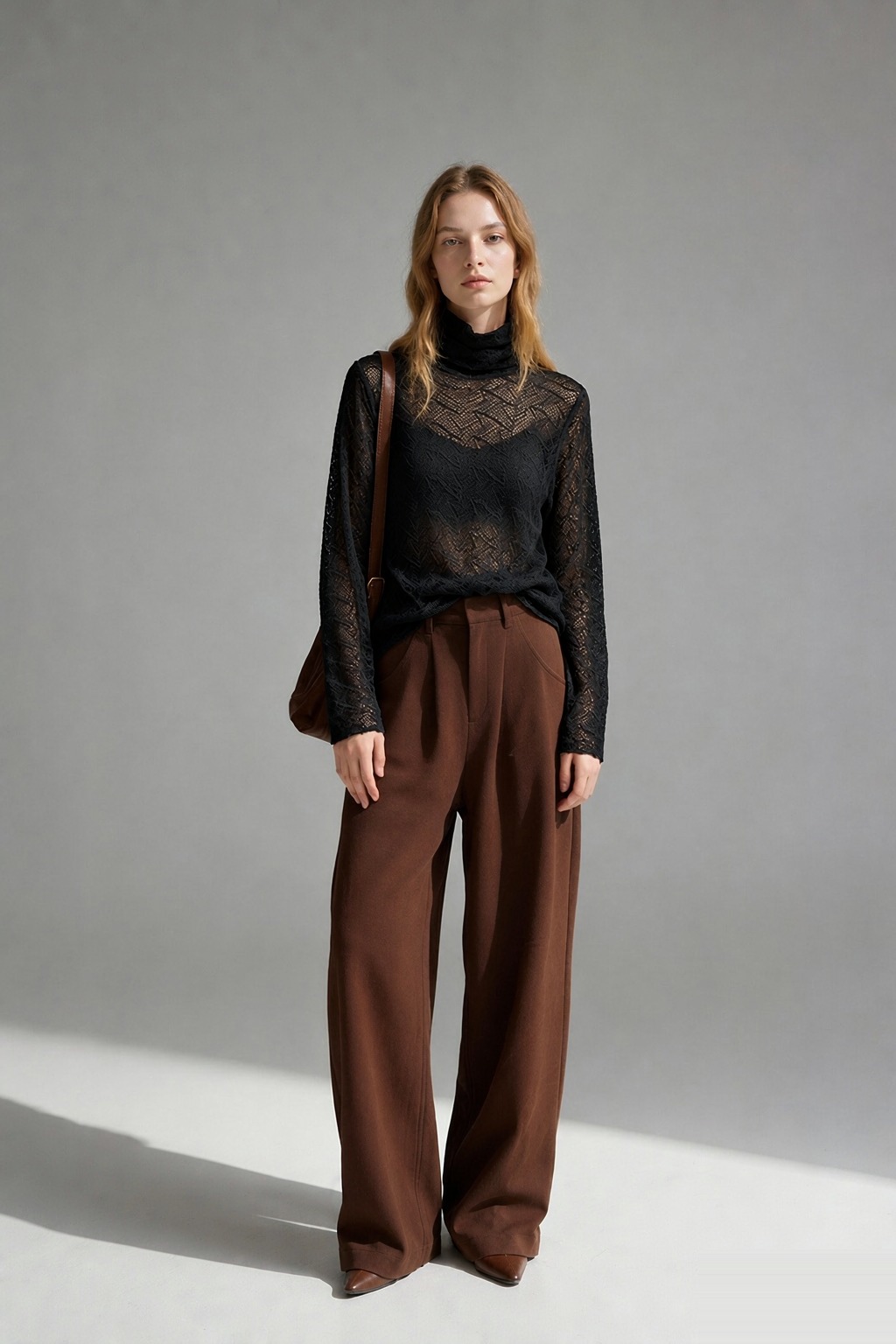 LK-130 Wool Knit Sweater — openwork, pleated, high collar, stacked collar