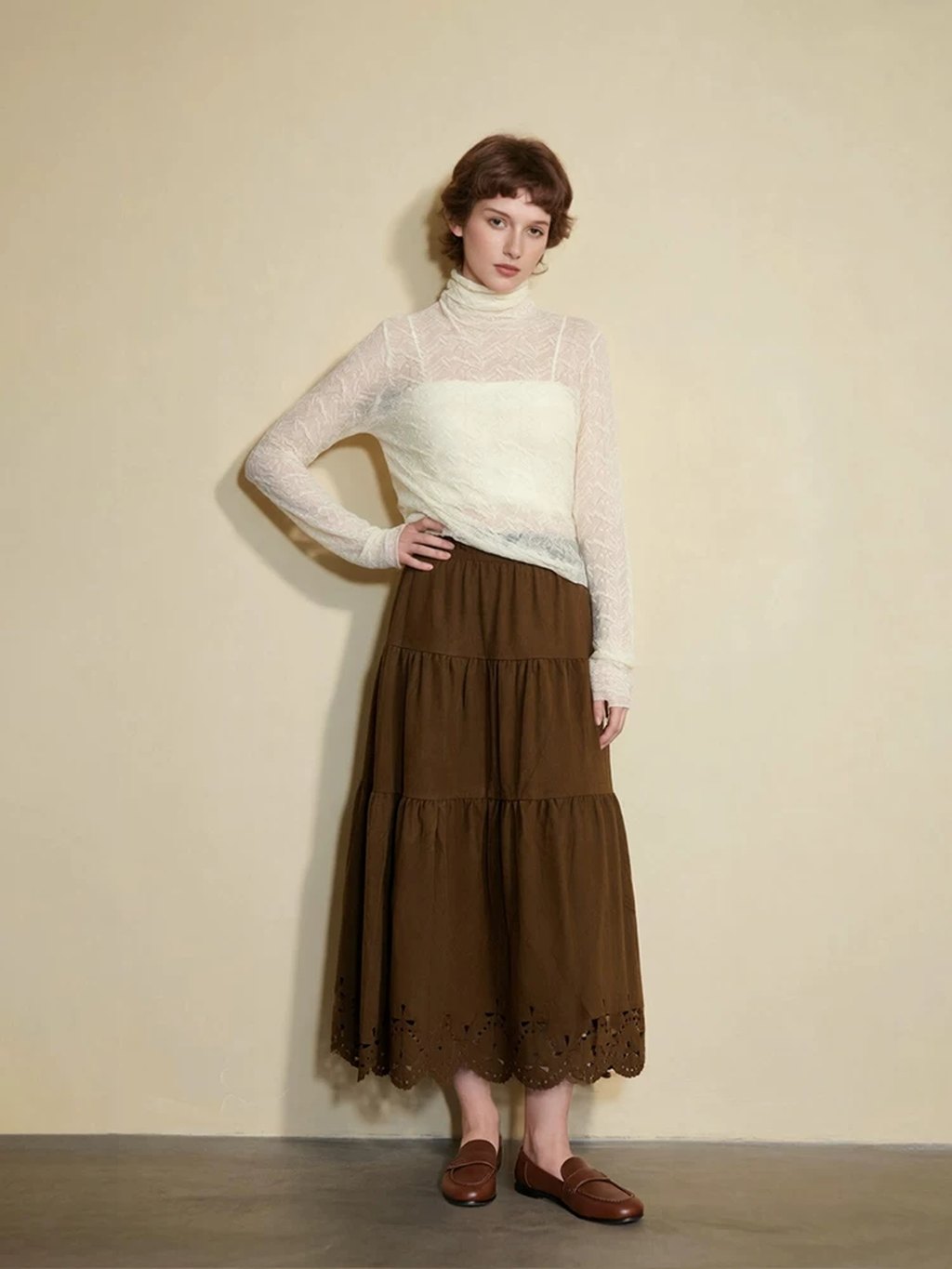 LK-130 Wool Knit Sweater — openwork, pleated, high collar, stacked collar